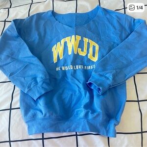 Womens V-Neck Royal Electric Blue and Yellow WWJD HWLF Sweatshirt